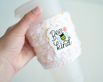 Bee Kind Pastel White Coffee Cup Cozy, Iced Drink Sparkly Cup Cozy, Bee Confetti Hot Drink Koozy