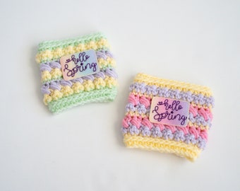 Hello Spring Pastel Coffee Cozy, Sparkle Yellow Purple Green Pink Iced Drink Cozy, Bright Spring Crochet Drink Koozy