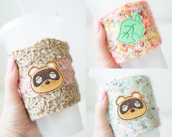 Raccoon Crossing Video Animal Game Coffee Cozy - Green Leaf Sparkle Hot or Iced Drink Holder - Ready to Ship