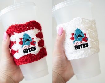 Love Bites Shark Anti-Valentine's Day Coffee Cozy - Red White Funny Snarky Iced or Hot Drink Holder