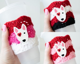 Red Store Bull Dog Pink White Coffee Cozy - Valentine's Day Heart Store Dog Hot or Iced Drink Holder - Ready to Ship