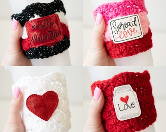 Valentine's Day Sayings Pink Red Coffee Cozies - Crochet Ice or Hot Coffee Koozy - Ready to Ship