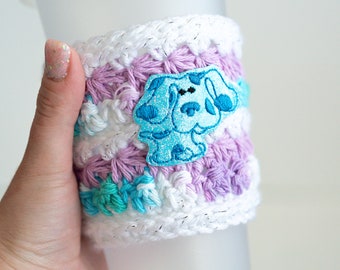 Blue Dog Sparkly Drink Cozy, Coffee Cup Iced Cozy, Blue Purple White Sparkle Cup Holder, 90's Kid Show Drink Koozy