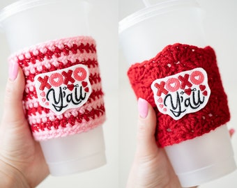 XOXO Y'all Texas Southern Slang Valentine's Day Coffee Cozy - Pink Red Love Iced or Hot Drink Holder - Ready to Ship