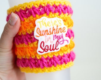 Sunshine in My Soul Coffee Cozy, Pink Orange Yellow Drink Cozy, Summer Bright Iced Drink Crochet Koozy