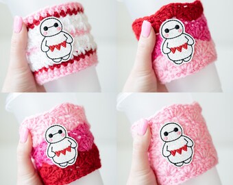 White Medical Robot Pink Red White Coffee Cozy - Valentine's Day Funny Hot or Iced Drink Holder - Ready to Ship