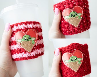 Baby Green Alien Heart Coffee Cozy - Space Galaxy Valentine's Day Red Pink Hot or Iced Drink Holder - Ready to Ship