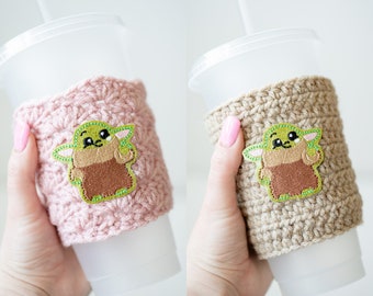 Baby Green Alien Sparkly Coffee Cozy - Star Battles Pink Brown Hot or Iced Drink Holder - Ready to Ship