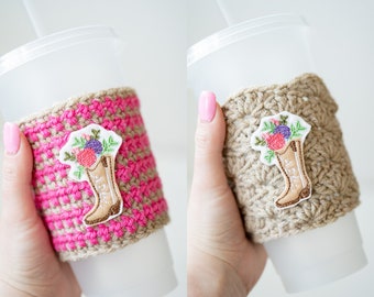 Cowgirl Southern Flower Western Boots - Cowboy Brown Pink Girly Hot or Iced Drink Holder - Ready to Ship