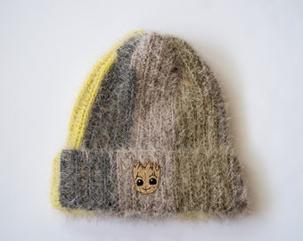 Fuzzy Striped Green Groot Beanie - Brown Tree Superhero Winter Hat - Ready to Ship