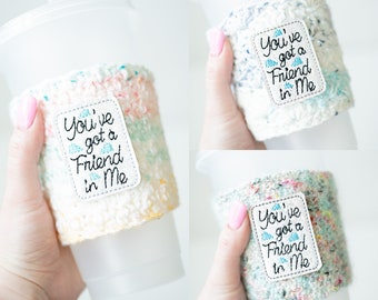 You've Got a Friend Blue Rainbow Coffee Cozy - Animated Movie Quote Friendship Hot or Ice Drink Holder - Ready to Ship