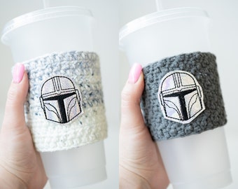 Helmet Guy Star Battles Blue Gray Coffee Cozy - Holographic Bounty Hunter Hot or Iced Drink Holder - Ready to Ship