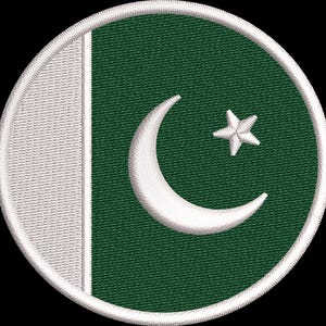 May include: A circular embroidered patch featuring the flag of Pakistan. The design includes a vertical white stripe on the left side against a dark green background, with a white crescent moon and a five-pointed star centered on the right side.