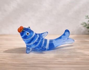 Hand Blown Murano Glass Fish Figurine, Blue Swirl Art Sculpture, Ocean Coastal Decor Gift