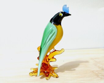 Handmade Glass Inca Jay Bird Sculpture, Green Inca Jay Figurine Art Ornament For Home Decor Gift