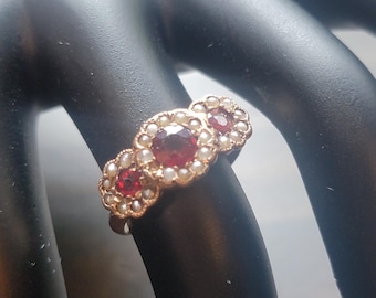 Stunning Antique Victorian 14k Gold Ruby and Seed Pearls Ring - Free Shipping in the US- Size 6.5