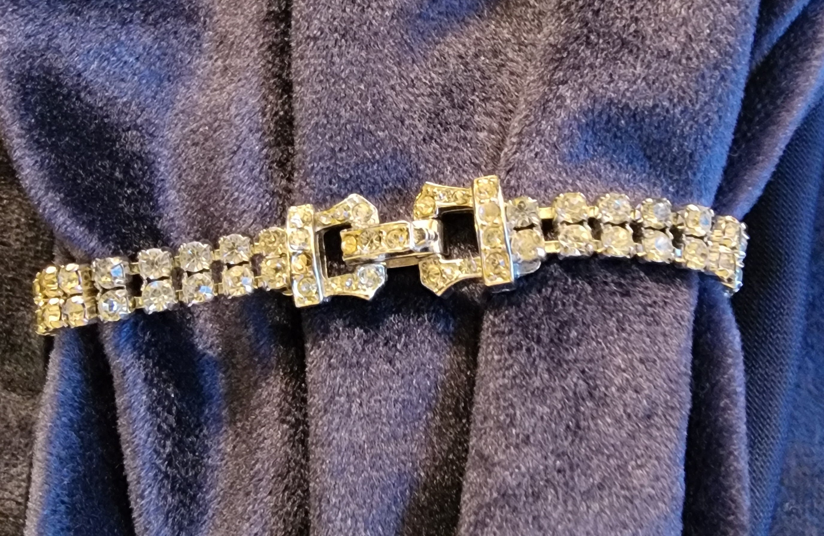 Vintage Signed Bellini Double Row Rhinestone Tennis Bracelet Rhodium-plate