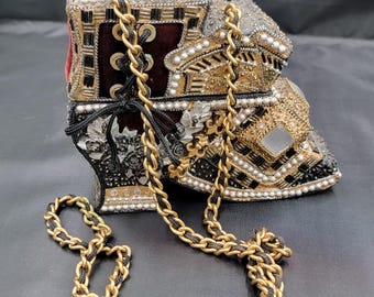 Seltene Vintage Mary Frances Victorian Boot Geldbörse Perlen Strass Neuheit Handtasche