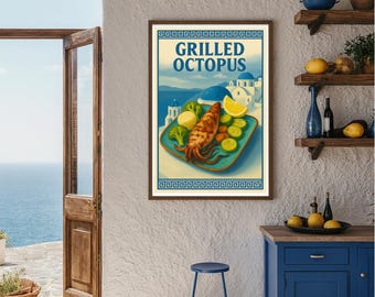 Grilled Octopus Poster, Greek Food Wall Art – Retro Greece Print, Vintage Travel Poster, Mediterranean Kitchen Decor, Digital Download Print