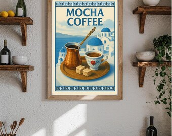 Mocha Coffee Poster, Greek Café Wall Art – Retro Greece Print, Vintage Travel Poster, Mediterranean Kitchen Decor, Digital Download Print