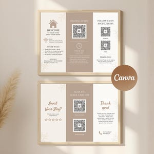 May include: Two framed informational signs in beige and brown tones. The top sign includes "Welcome" and "Digital Guide" with QR codes. The bottom sign says "Loved Your Stay?" and "Scan to Leave a Review" with QR codes. The Canva logo is visible.
