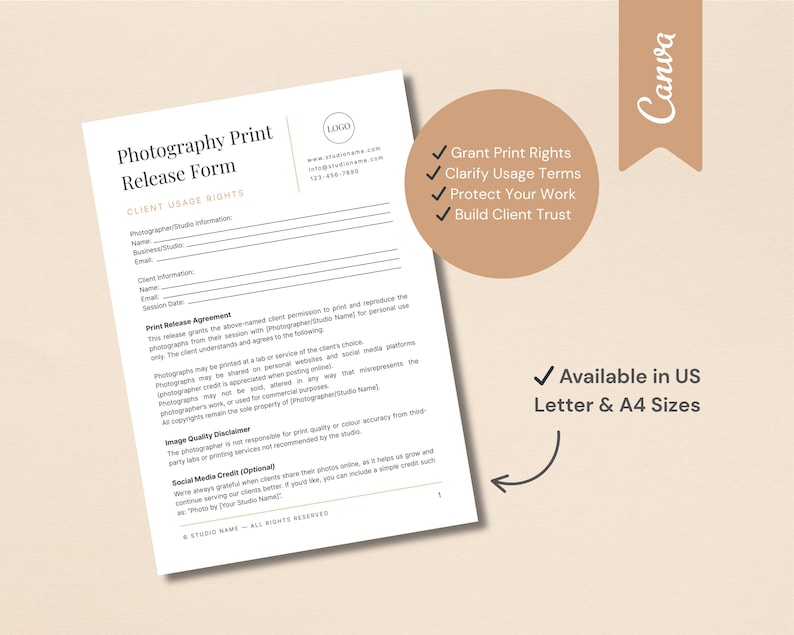 Photography Print Release Form Template, Canva Editable Photographer ...
