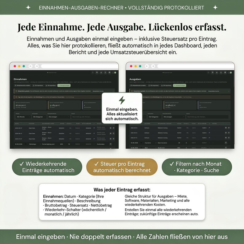Sieh sofort was du verdienst und ausgibst ohne eine Formel anzufassen — Haushaltsbuch Download Deutsch mit Einnahmen-Log und Ausgaben-Log für Privatpersonen, Selbständige und Kleinunternehmer, jede Buchung mit wiederkehrenden Einträgen und MwSt.-Tracking fließt automatisch in alle Übersichten, wiederkehrende Posten wie Miete und Abos erscheinen jeden Monat automatisch.