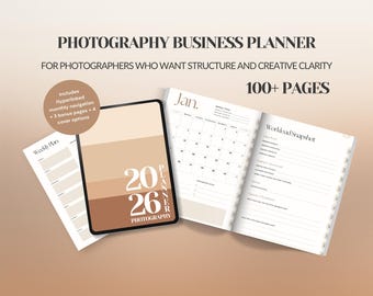 May include: A Photography Business Planner with the text "2026 PHOTOGRAPHY" on the cover. The planner includes a weekly plan, a January calendar, and a workload snapshot page. The planner has over 100 pages and includes hyperlinked monthly navigation.