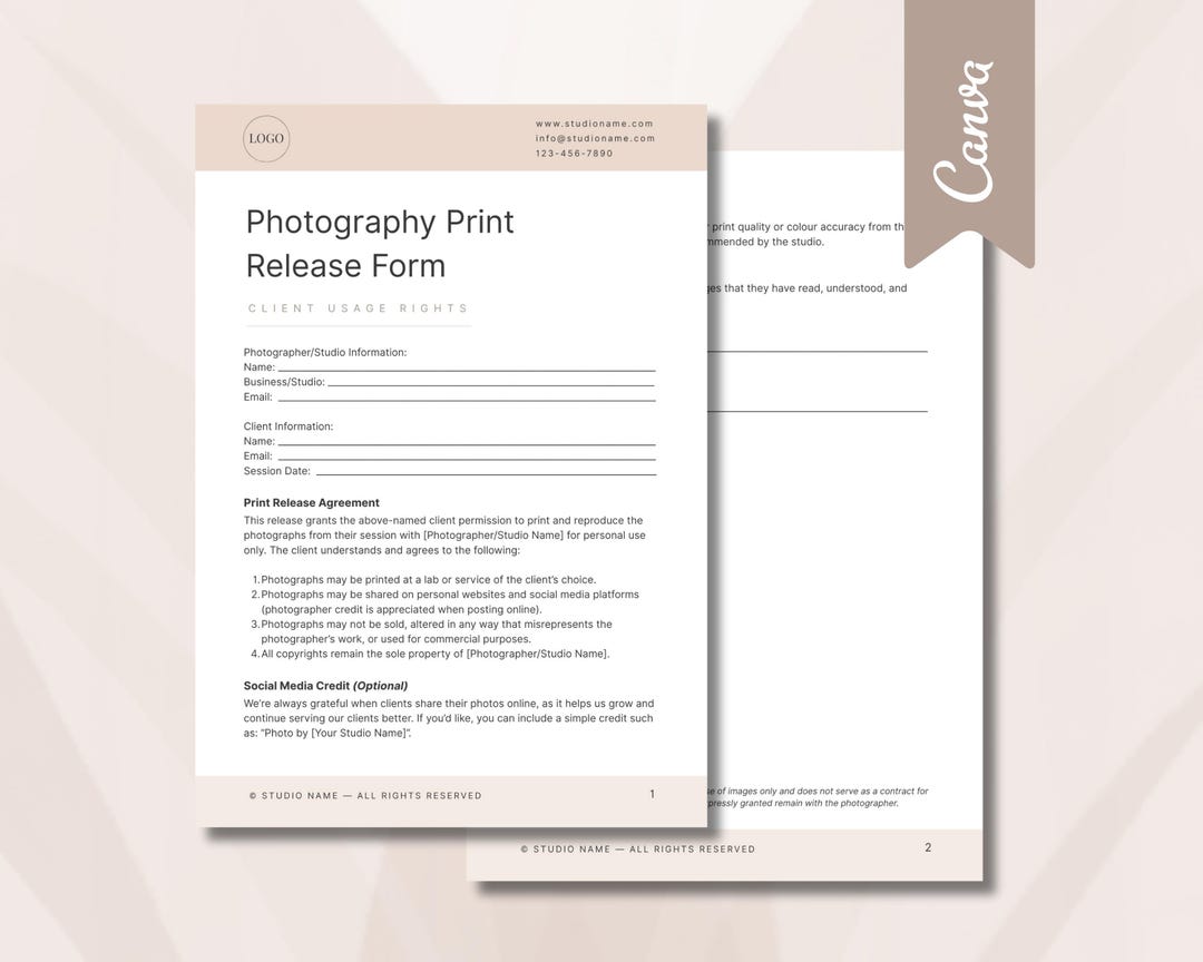 Photo Print Release Form Template, Editable Canva Photography Contract ...