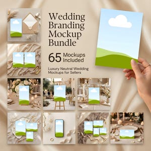 May include: A wedding branding mockup bundle with 65 mockups included. The image features various stationery and display mockups, including cards, envelopes, and a smartphone, all with a blue sky and green landscape design. The text reads "Wedding Branding Mockup Bundle".