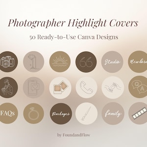 Puede incluir: Un conjunto de 50 diseños de Canva listos para usar para portadas destacadas de fotógrafos. La imagen presenta varios iconos y etiquetas de texto, como una cámara, una luz de estudio y la palabra "familia".