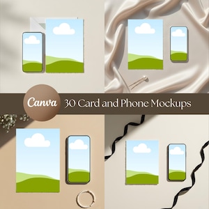 May include: A mockup featuring four arrangements of cards and smartphones. Each card and phone displays a landscape scene with a blue sky, white cloud, and green hills. The text "Canva 30 Card and Phone Mockups" is also visible.
