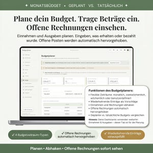 Plane was du ausgeben willst und sieh sofort was du wirklich ausgegeben hast — Haushaltsbuch Planungsebene für Privatpersonen und Selbständige mit geplanten versus tatsächlichen Einnahmen und Ausgaben, automatische Überfälligkeits-Markierung für unbezahlte Rechnungen, vier Budget-Zeitraum-Typen, wiederkehrende Einträge werden automatisch vorausgefüllt.