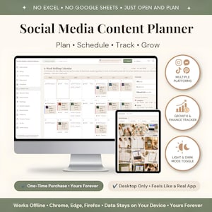 May include: A digital social media content planner displayed on a computer monitor and tablet. The interface shows a 6-week rolling calendar, feed preview, and growth tracker. Text includes "Social Media Content Planner," "Plan, Schedule, Track, Grow," and "Multiple Platforms," "Growth & Finance Tracker," and "Light & Dark Mode Toggle."