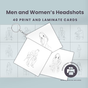 May include: A set of white print and laminate cards with line drawings of people in business attire. The cards are attached to a silver keychain. Text on the image reads "Men and Women's Headshots" and "40 PRINT AND LAMINATE CARDS".