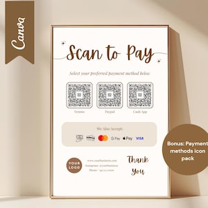 Könnte beinhalten: Ein gerahmtes Schild mit dem Text "Scan to Pay" in einer stilvollen Schriftart. Darunter befinden sich QR-Codes für Venmo, PayPal und Cash App. Das Schild listet auch akzeptierte Zahlungsmethoden auf und enthält ein Logo und Kontaktinformationen.