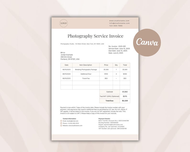 Photo Studio Invoice Editable Canva Invoice Template for Photographers: Studio Billing Form ...