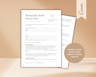 Photography Model Release Form Canva Template, Client Image Rights Contract, Minor Photo Use Consent