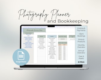 May include: A laptop displaying a spreadsheet titled "Photography Business Setup." The screen shows income and expense tracking, with sections for invoices, client bookings, and more. The words "Photography Planner and Bookkeeping" are written above the laptop.