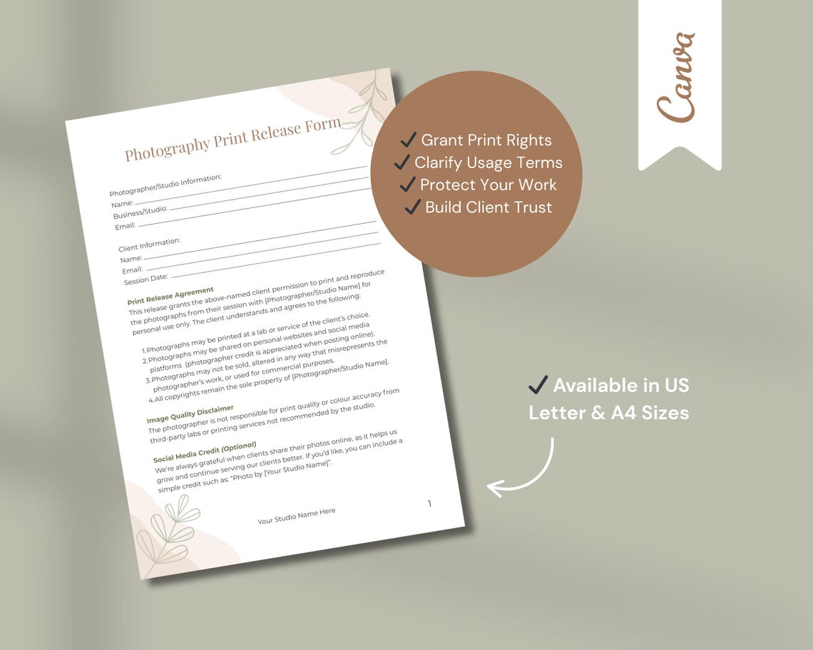 Client Photo Print Form Photography Print Release Form Template: Canva Editable Contract for ...