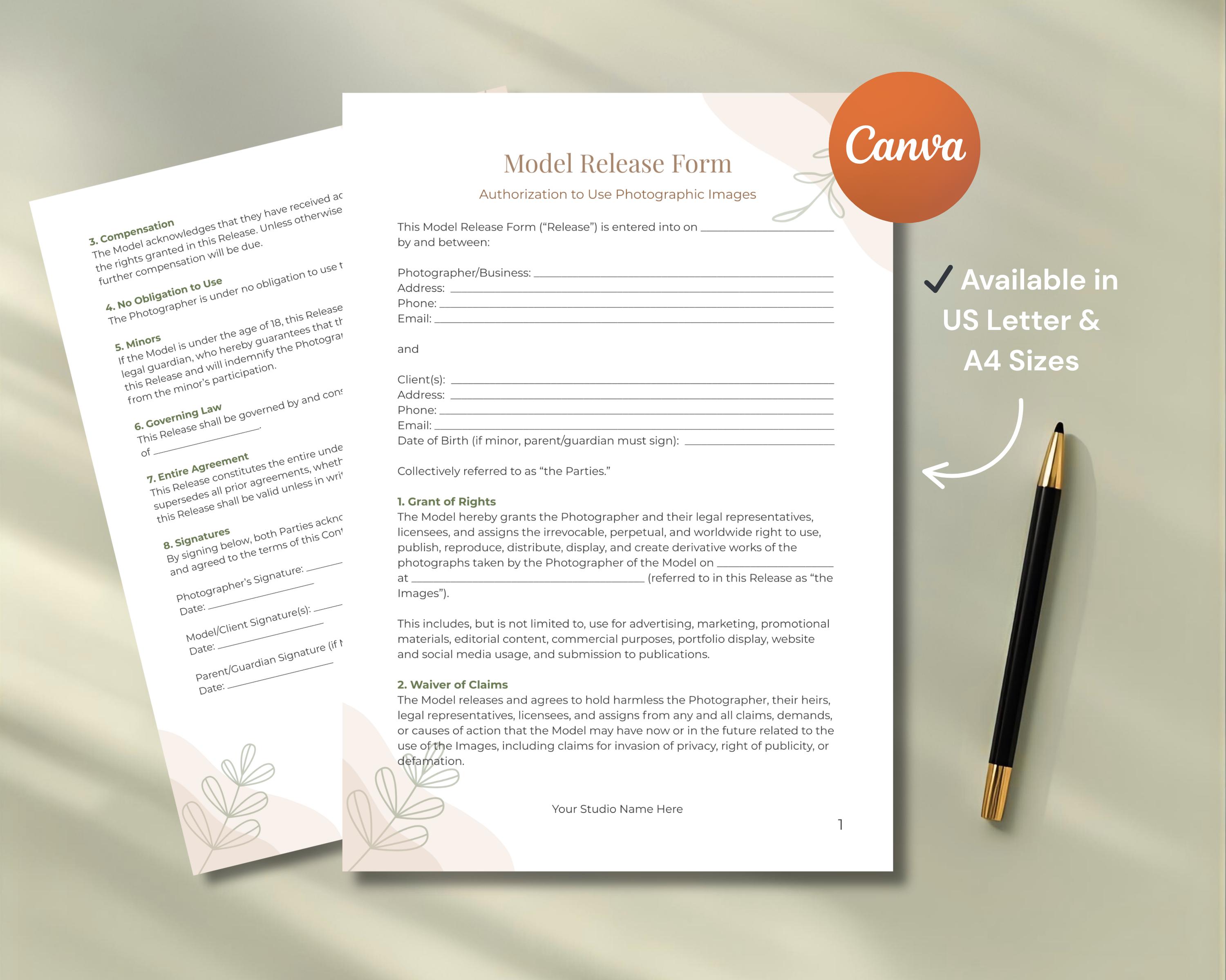 Model Photo Release Form Canva Template: Editable Photography Image ...