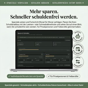Mehr sparen und schneller schuldenfrei werden — Sparen und Schulden Tab zeigt Gesamtfortschritt mit mehreren Sparzielen und verbleibenden Monaten bis zum Ziel, Schuldenabbau mit Lawinen- und Schneeballmethode, schuldenfreies Datum automatisch berechnet, für Privatpersonen und Freiberufler gleichermaßen geeignet ohne Businesshintergrund.