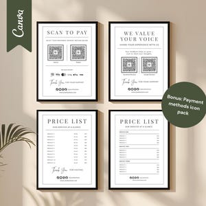 May include: Four framed prints with black borders. Two prints say "Scan to Pay" and "We Value Your Voice". The other two are price lists. All prints have white backgrounds with black text and QR codes.
