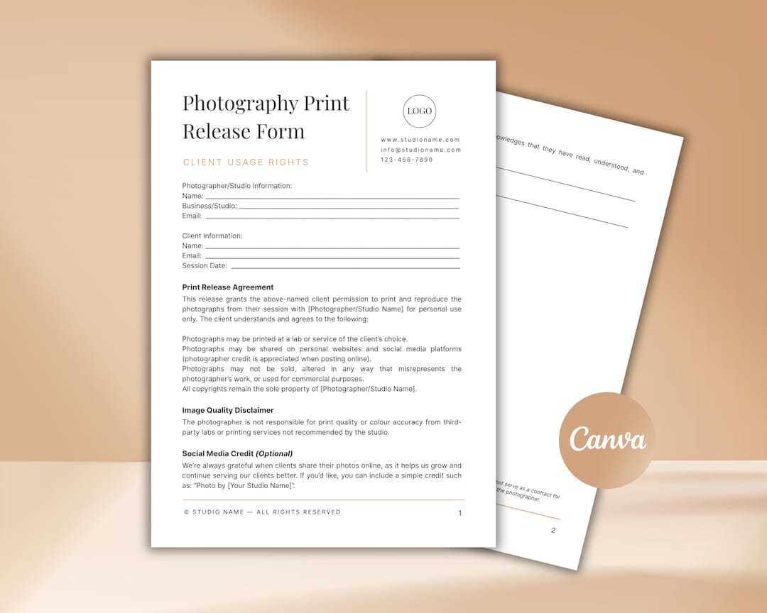 Photography Print Release Form Template, Canva Editable Photographer ...