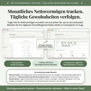 Wachse dein Vermögen und baue täglich bessere Gewohnheiten auf — digitales Haushaltsbuch für Privatpersonen, Selbständige und Kleinunternehmer mit Vermögens-Tracker für monatliche Nettovermögens-Snapshots, Bankkonten Ersparnisse und Investitionen gegen Verbindlichkeiten, plus Gewohnheits-Tracker zum täglichen Abhaken im Monatskalender.