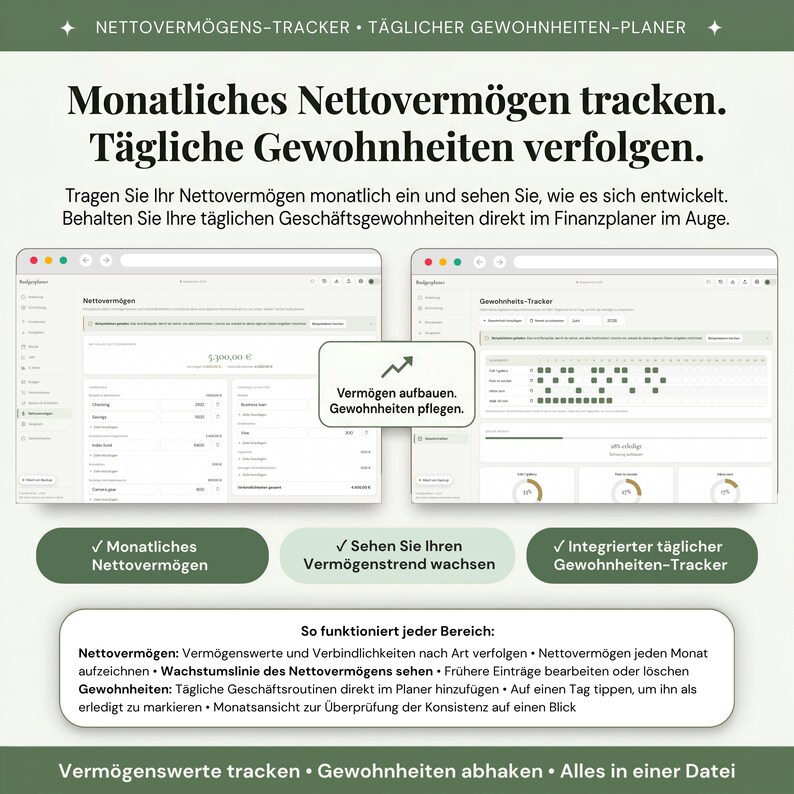 Wachse dein Vermögen und baue täglich bessere Gewohnheiten auf — digitales Haushaltsbuch für Privatpersonen, Selbständige und Kleinunternehmer mit Vermögens-Tracker für monatliche Nettovermögens-Snapshots, Bankkonten Ersparnisse und Investitionen gegen Verbindlichkeiten, plus Gewohnheits-Tracker zum täglichen Abhaken im Monatskalender.