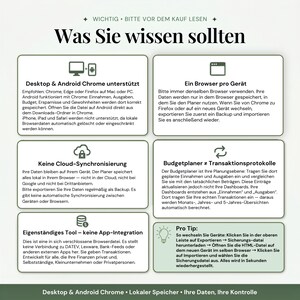 Kompatibilitätshinweis — HTML-Haushaltsbuch und Budgetplaner Deutsch läuft auf Chrome Edge Firefox auf Desktop und Android, kein iPhone kein iPad kein Safari, Finanzdaten privat lokal im Browser ohne Cloud-Synchronisierung, Gerätewechsel per Export als JSON und Import auf neuem Gerät, eigenständige Datei ohne Verbindung zu DATEV oder externen Apps.