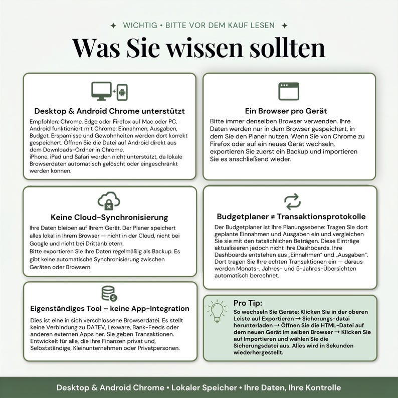 Kompatibilitätshinweis — HTML-Haushaltsbuch und Budgetplaner Deutsch läuft auf Chrome Edge Firefox auf Desktop und Android, kein iPhone kein iPad kein Safari, Finanzdaten privat lokal im Browser ohne Cloud-Synchronisierung, Gerätewechsel per Export als JSON und Import auf neuem Gerät, eigenständige Datei ohne Verbindung zu DATEV oder externen Apps.