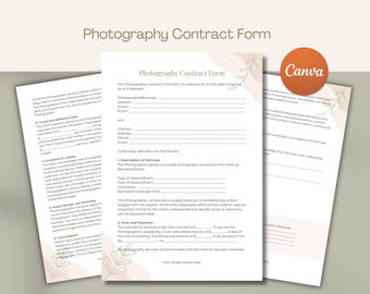 Puede incluir: Un formulario de contrato de fotografía con el texto "Photography Contract Form" en un diseño minimalista. El documento incluye secciones para los detalles del fotógrafo y del cliente, descripciones de servicios, tarifas y condiciones de pago. Un logotipo de Canva es visible.