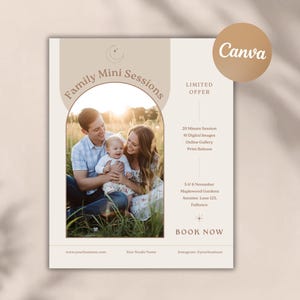 May include: A promotional poster for family mini sessions. The poster features a family of three in a field of tall grass. Text includes "Family Mini Sessions", "Limited Offer", and "Book Now". The Canva logo is in the upper right corner.